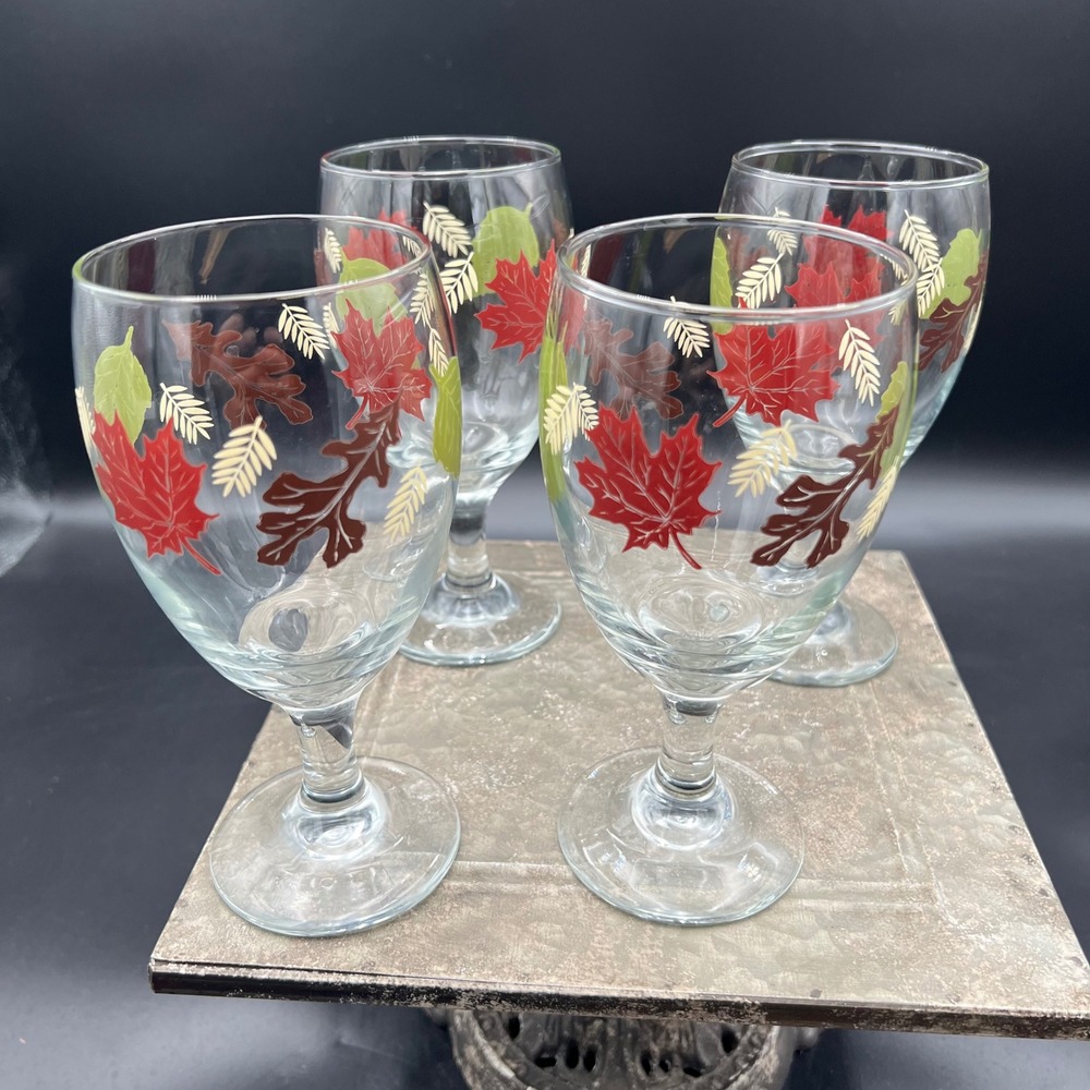 Libbey Fall Foliage Autumn Leaves Stemmed Water Goblets Set of 4 Clear Glass 7in